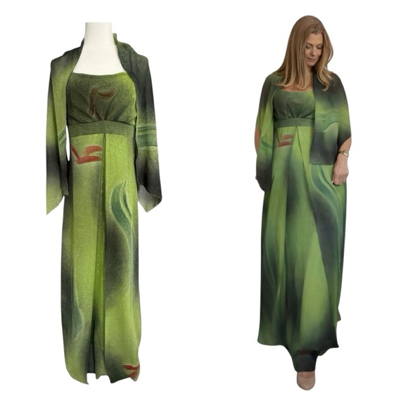 Brazil Boutique Green Ombre Maxi Dress Fairy Mermaid Y2K Silk Look Strappy G L - Picture 2 of 15